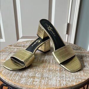 Gold Block Heel Sandals by Yosi Samra